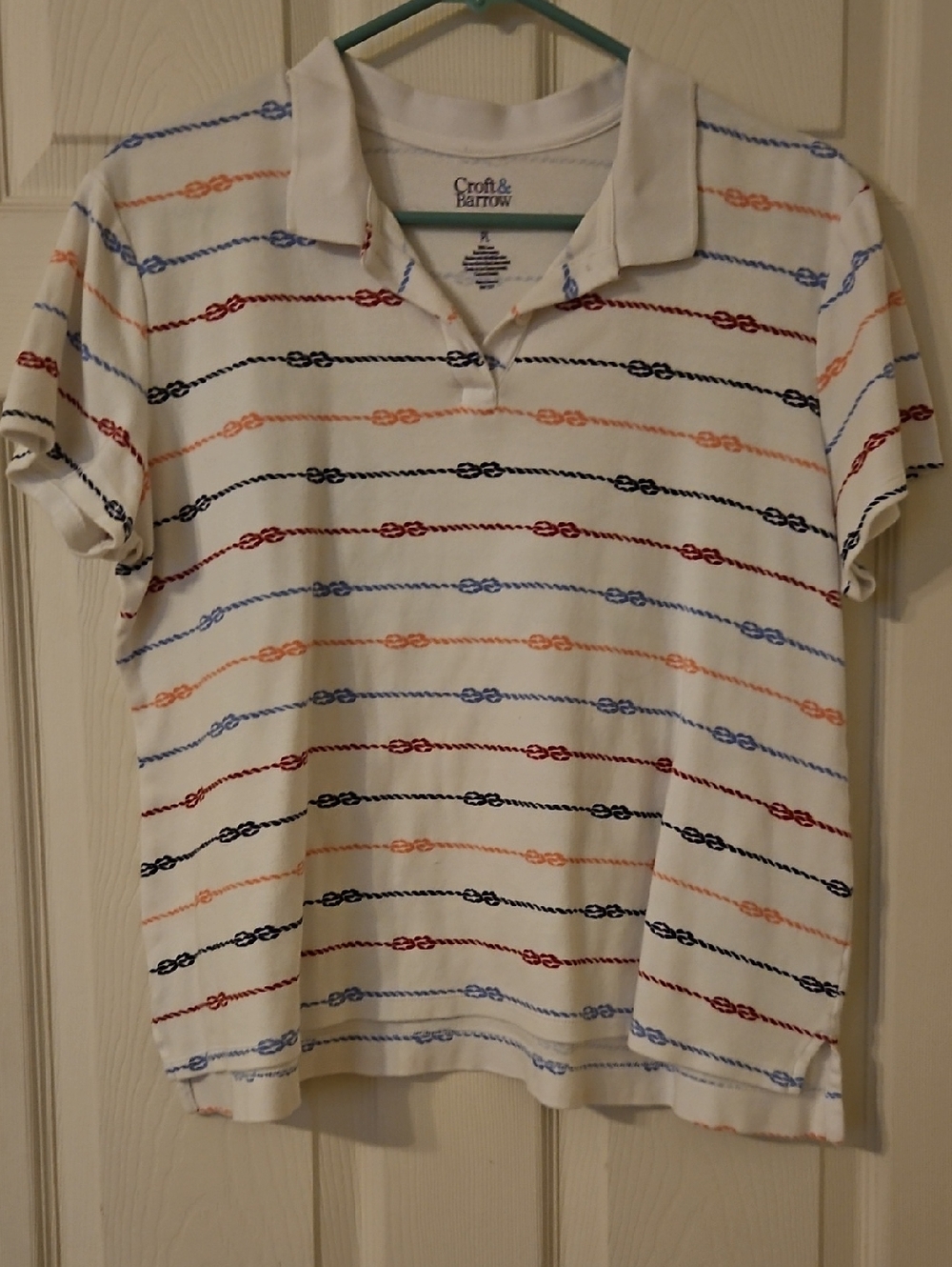 Croft & Barrow White Polo with Red, Blue and Peach Stripes